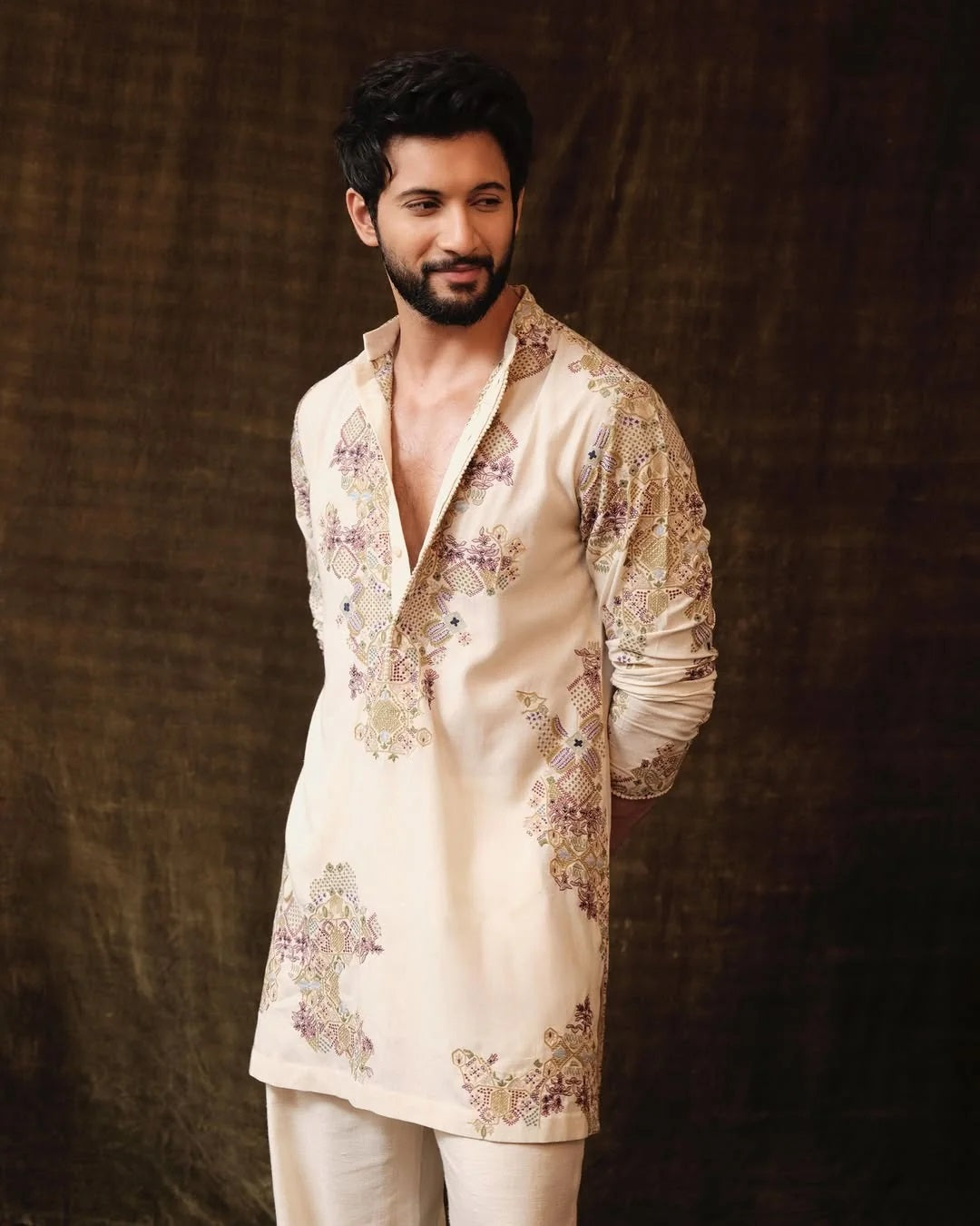 Ivory  Embroidered Kurta pyjama Set For Men