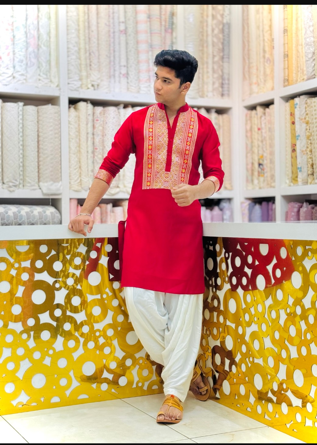 Hot Red Kurta Pajama With Embroidery work
